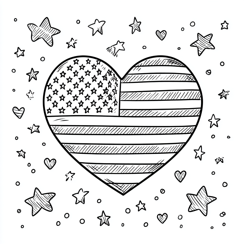 4th Of July coloring page – American Flag Heart With Stars Aro