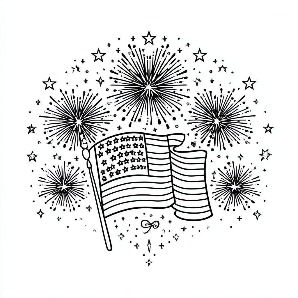 4th Of July coloring page – American Flag With Stars And Firew