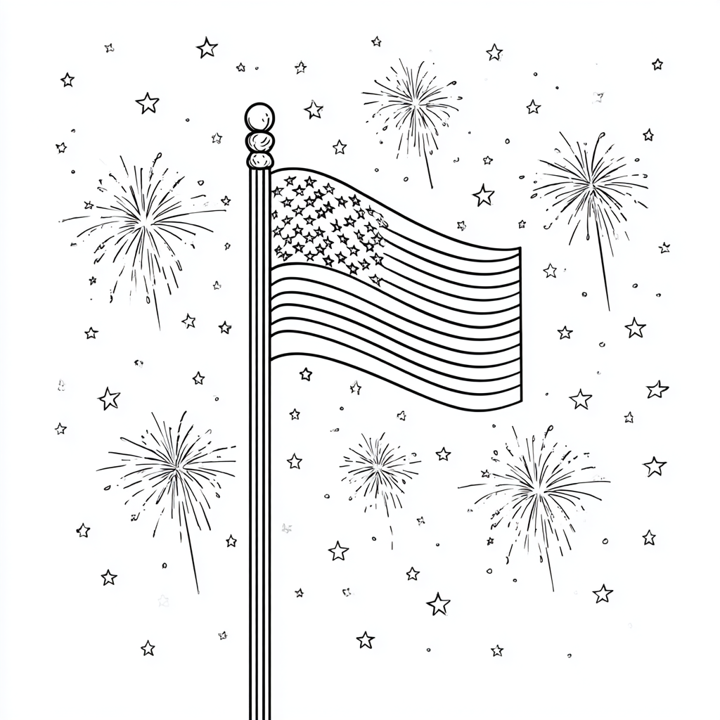 4th Of July coloring page – American Flag With Stars And Firew