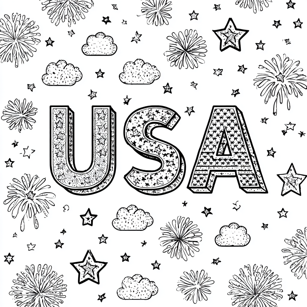 4th Of July coloring page – USA Letters With Stars Fireworks A