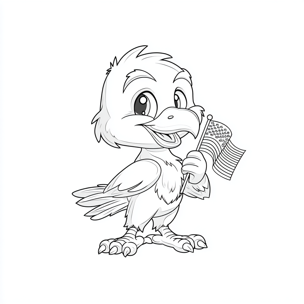4th Of July coloring page – Cute Bald Eagle Holding American F