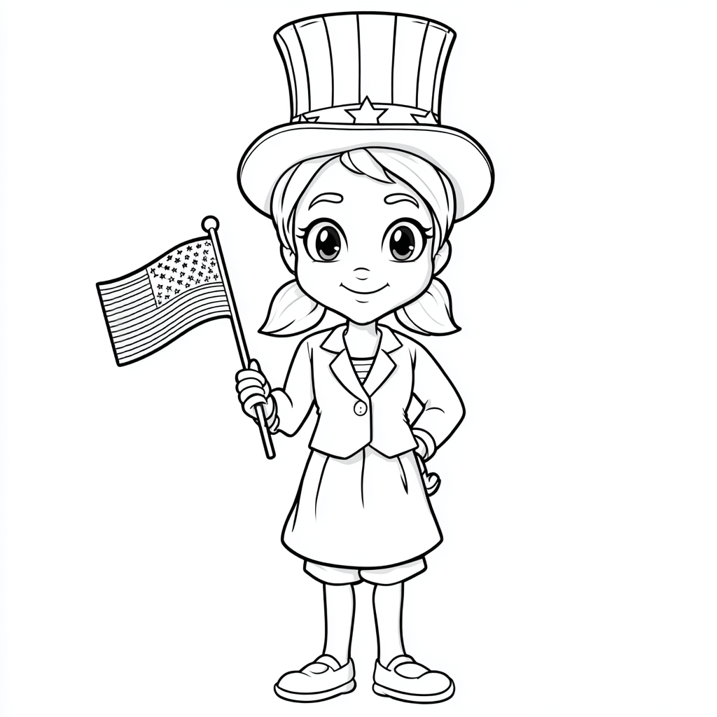 4th Of July coloring page – Cute Girl Wearing Uncle Sam Hat Ho