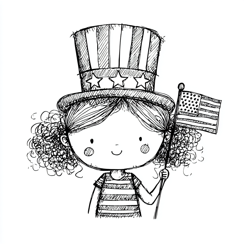 4th Of July coloring page – Cute Girl Wearing Uncle Sam Hat Ho