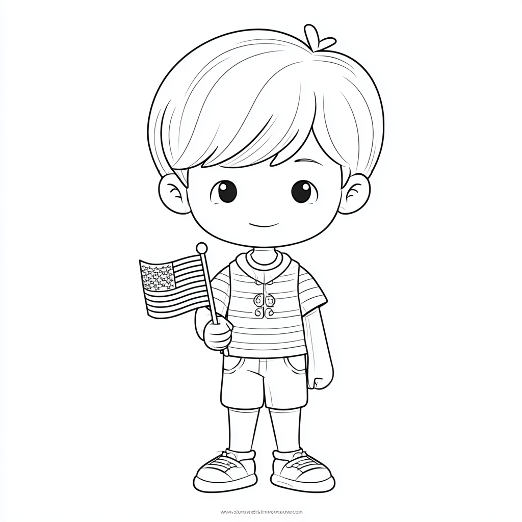 4th Of July coloring page – Cute Patriotic Boy Holding America
