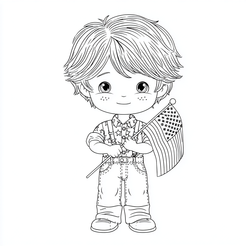 4th Of July coloring page – Cute Patriotic Boy Holding America
