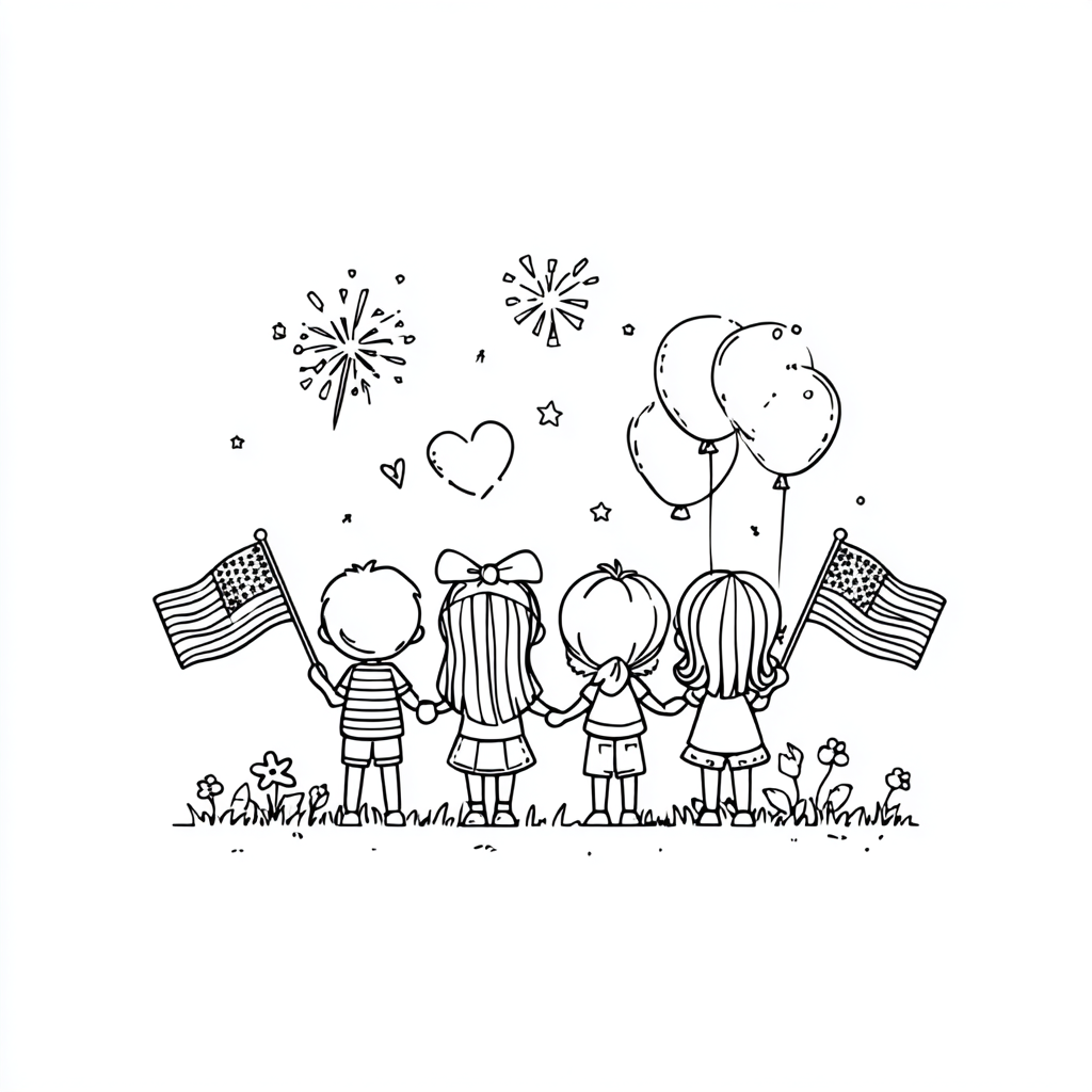 4th Of July coloring page – Kids Parade With Flags And Firewor