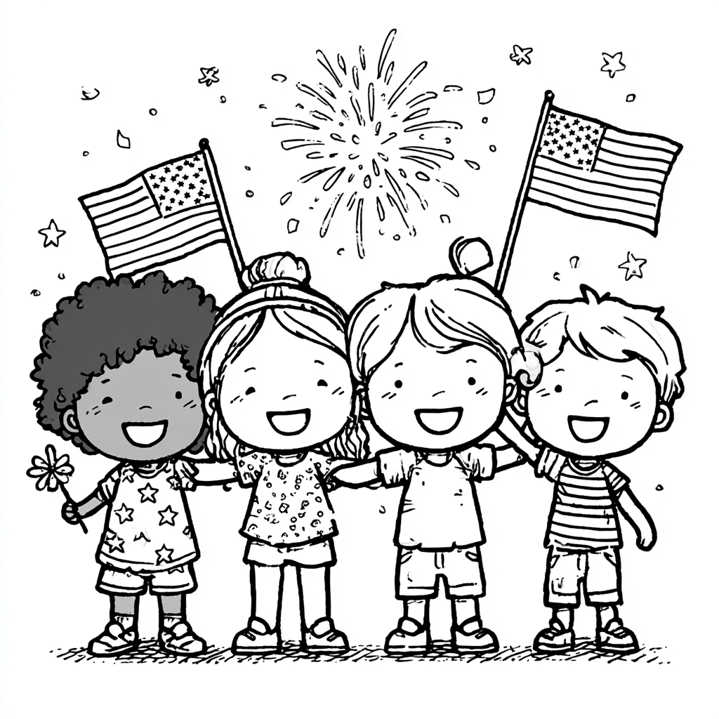 4th Of July coloring page – Kids Parade With Flags And Firewor