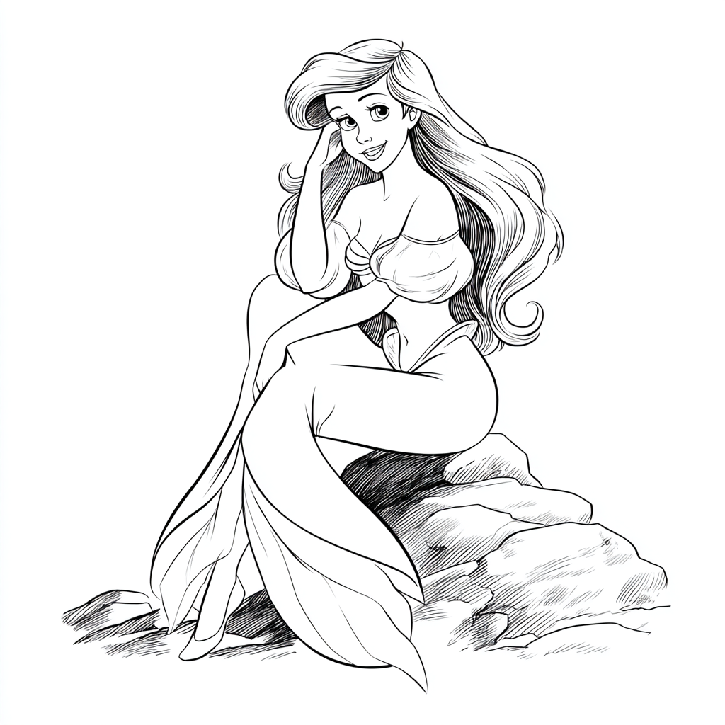 Ariel Mermaid coloring page – Ariel Sitting On Rock Classic Po