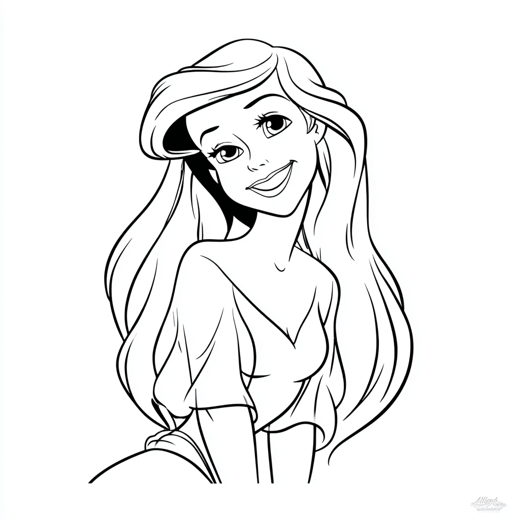 Ariel Mermaid coloring page – Ariel Smiling Simple Line Art Of