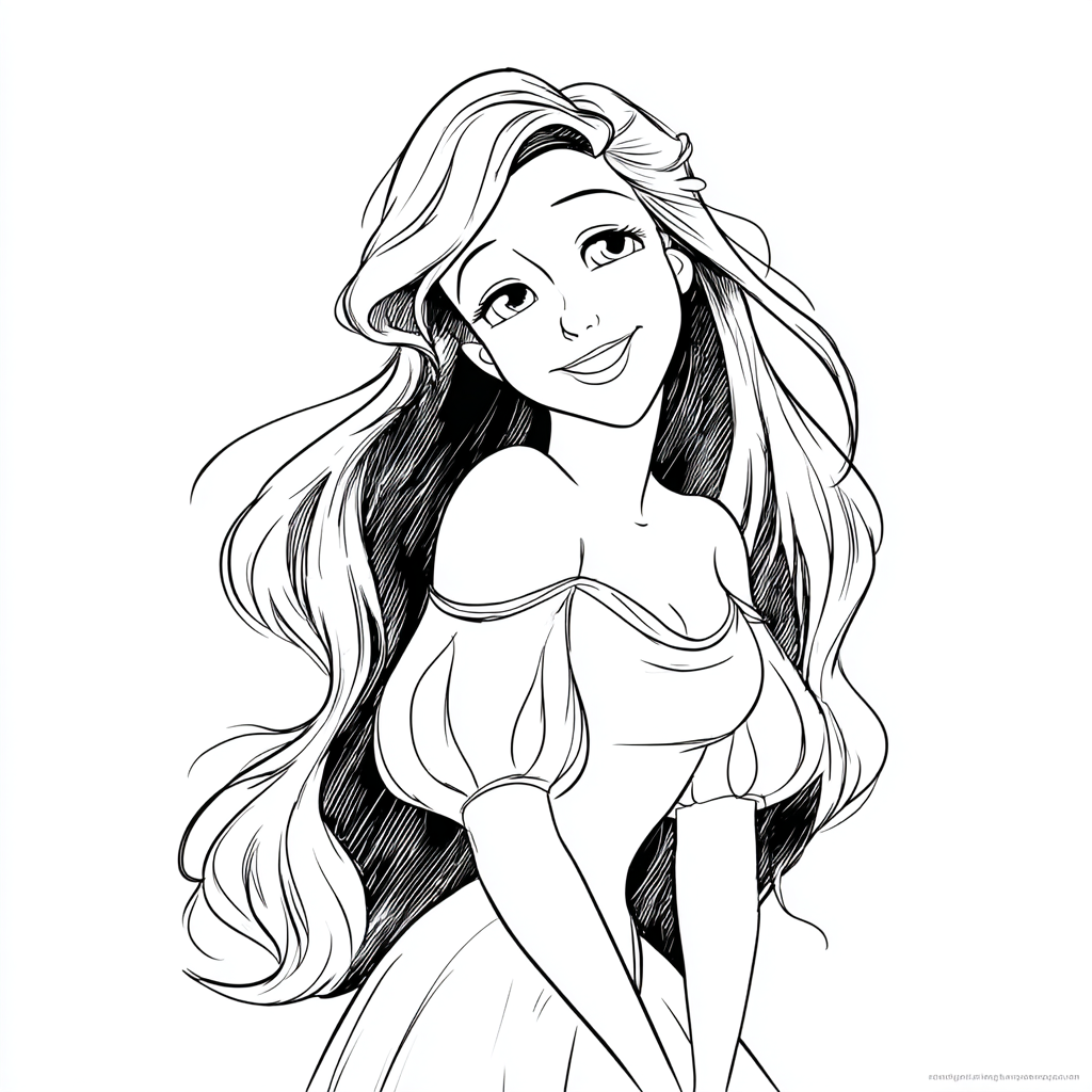 Ariel Mermaid coloring page – Ariel Smiling Simple Line Art Of