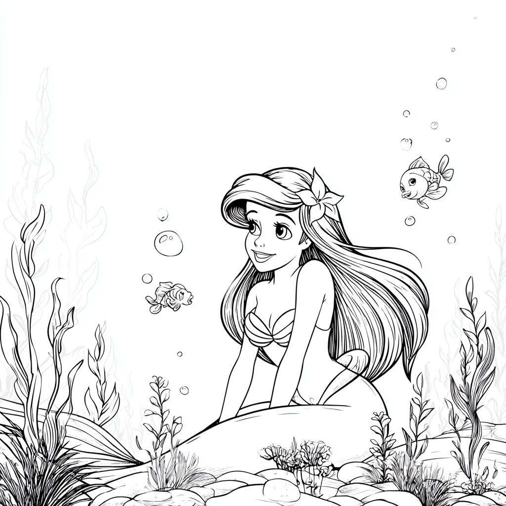 Ariel Mermaid coloring page – Ariel Underwater Scene Simple Se