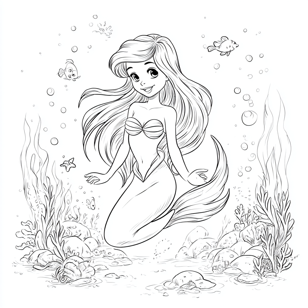 Ariel Mermaid coloring page – Ariel Underwater Scene Simple Se