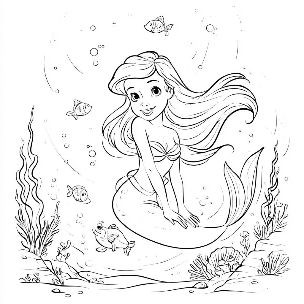 Ariel Mermaid coloring page – Ariel Underwater Scene Simple Se