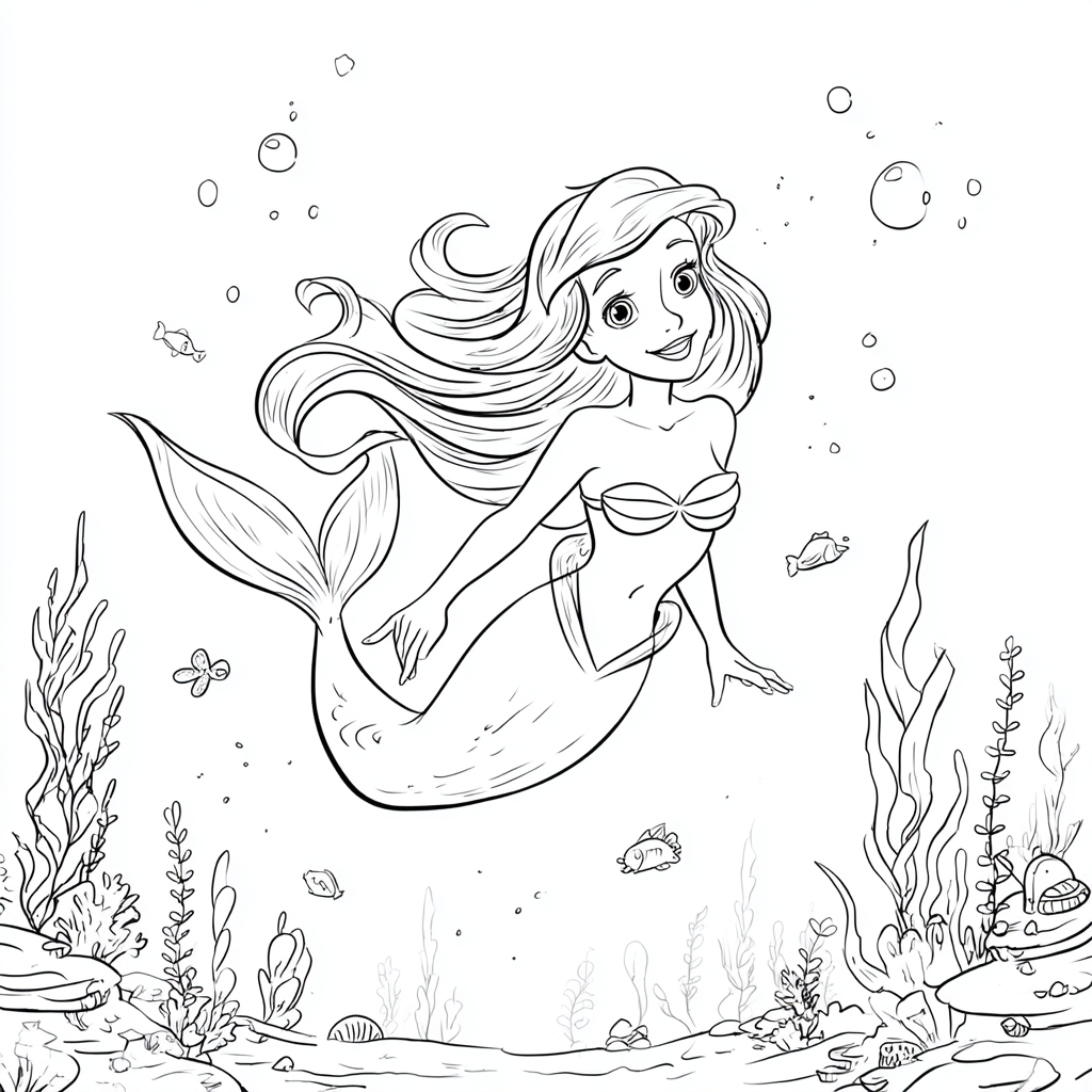 Ariel Mermaid coloring page – Ariel Underwater Scene Simple Se