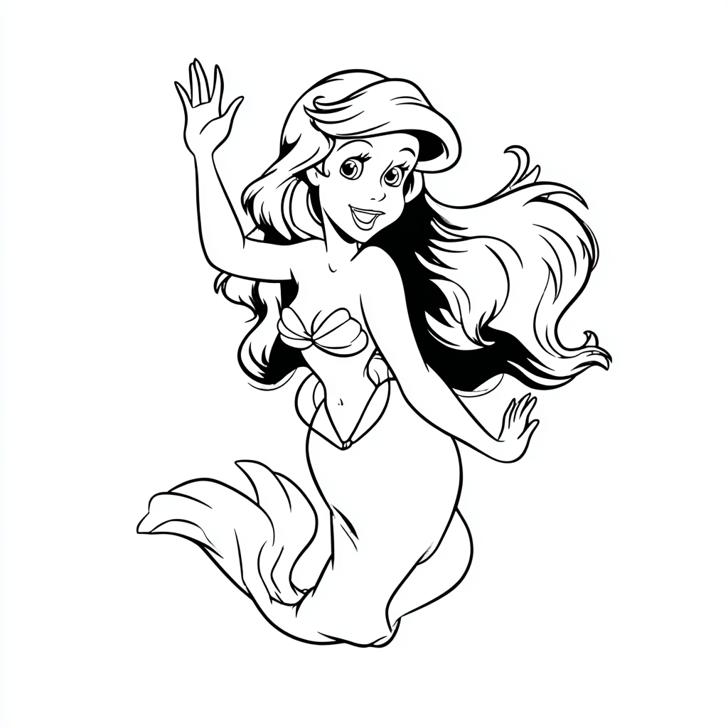 Ariel Mermaid coloring page – Ariel Waving Friendly Waving Pos