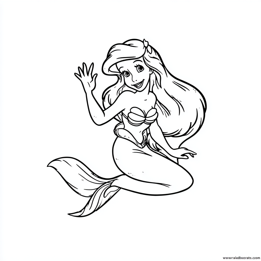 Ariel Mermaid coloring page – Ariel Waving Friendly Waving Pos