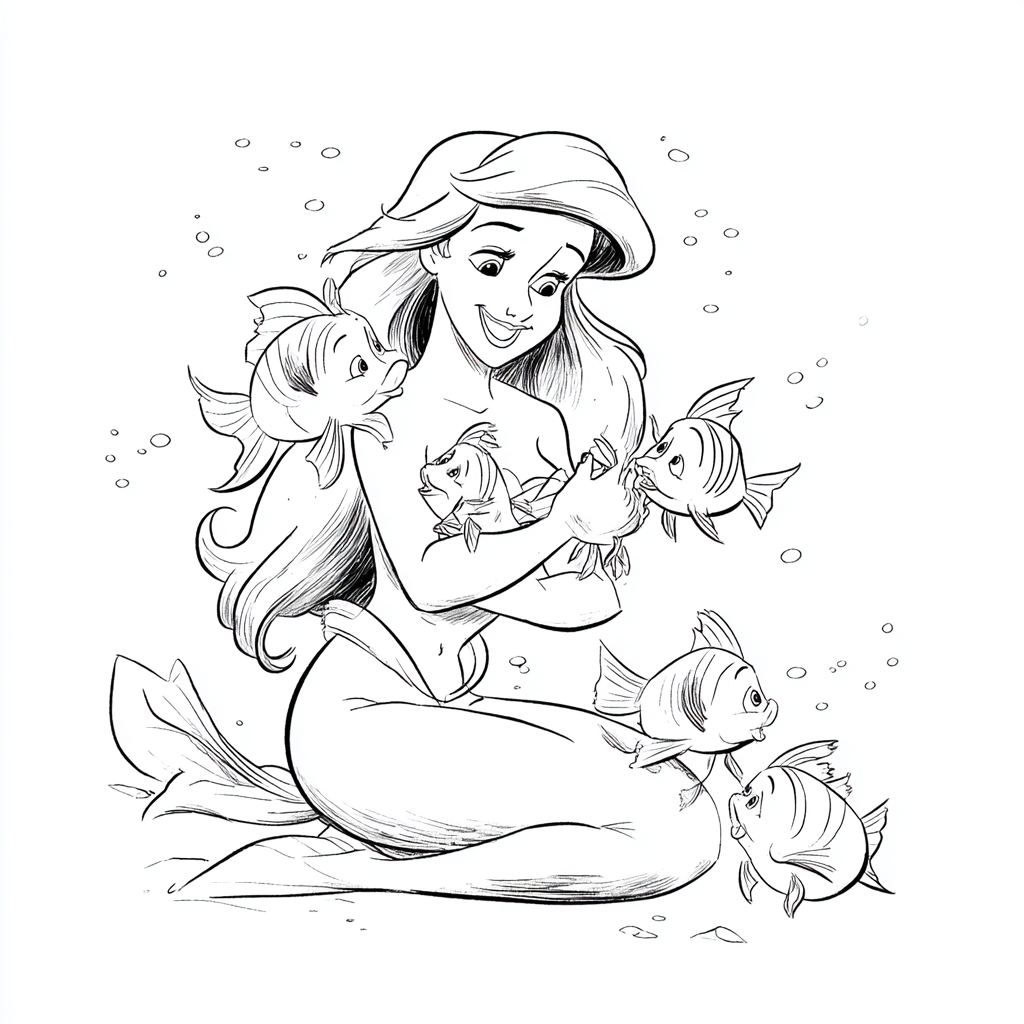 Ariel Mermaid coloring page – Ariel With Fish Friends Ariel Su