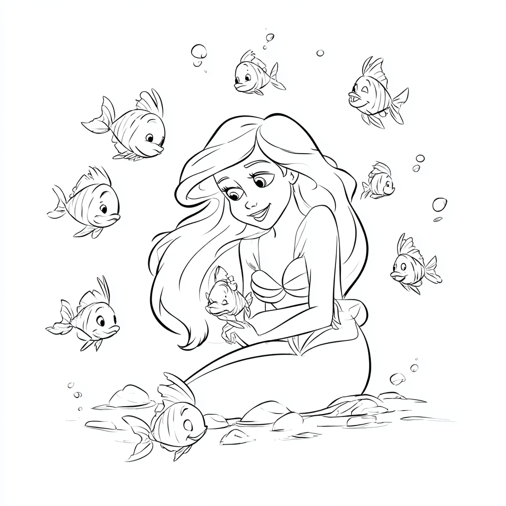 Ariel Mermaid coloring page – Ariel With Fish Friends Ariel Su