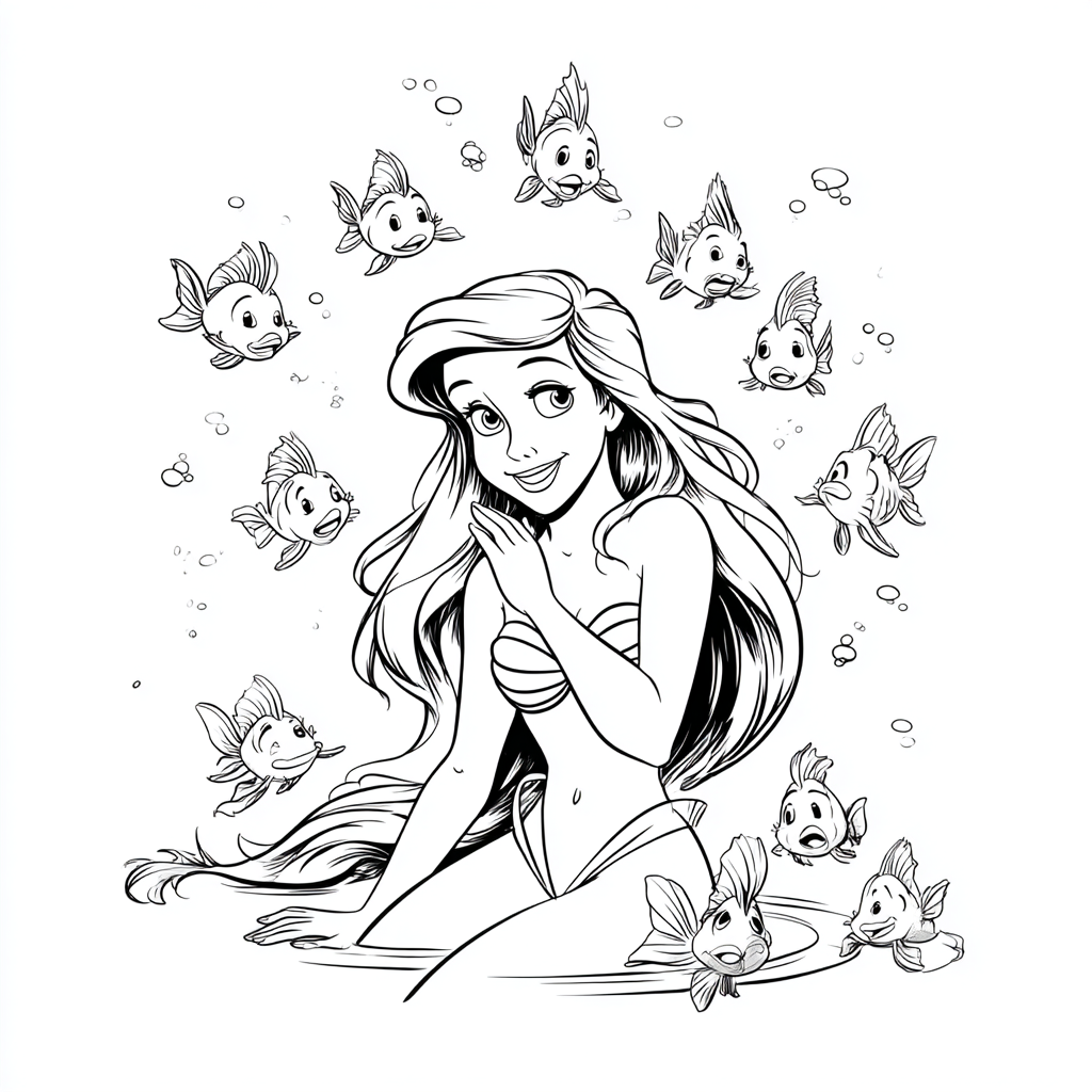 Ariel Mermaid coloring page – Ariel With Fish Friends Ariel Su