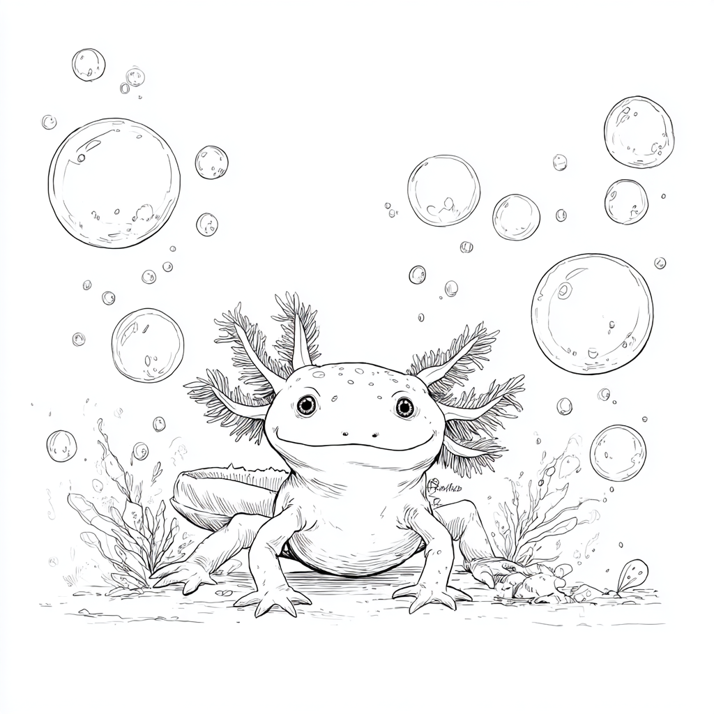 Axolotl coloring page – Axolotl With Bubbles Playful Bubbles A