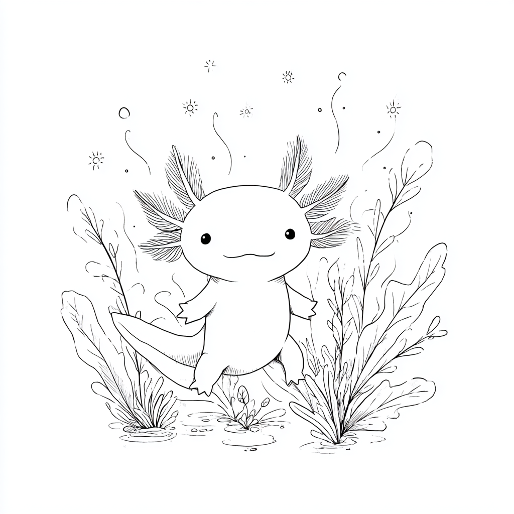 Axolotl coloring page – Axolotl With Plants Axolotl Surrounded