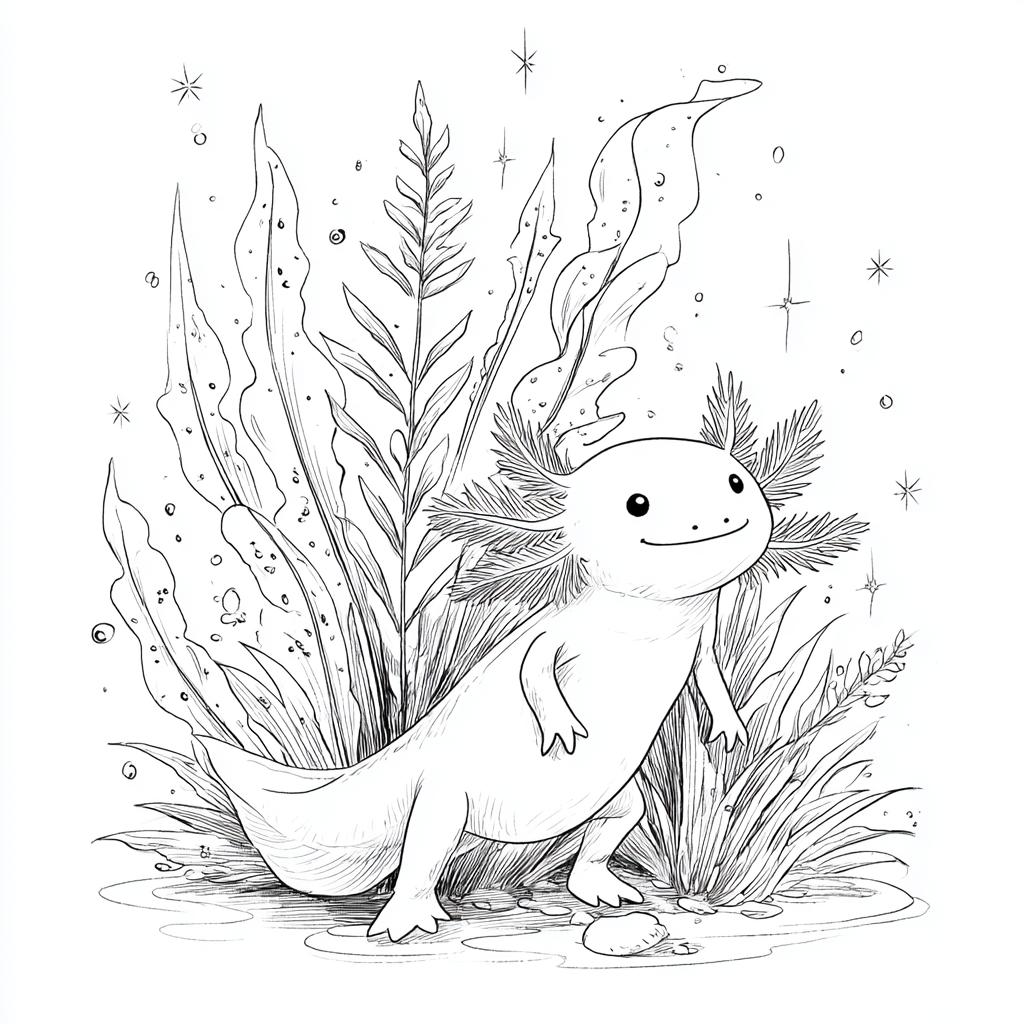 Axolotl coloring page – Axolotl With Plants Axolotl Surrounded
