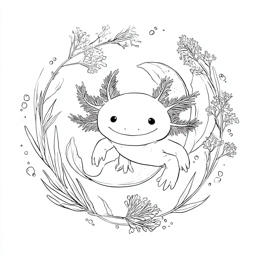 Axolotl coloring page – Axolotl With Plants Axolotl Surrounded