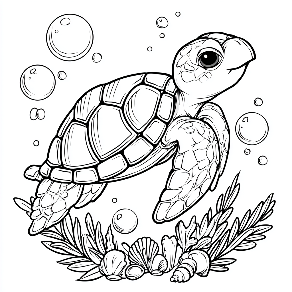 Beach coloring page – Cute Sea Turtle Swimming Near Coral Reef