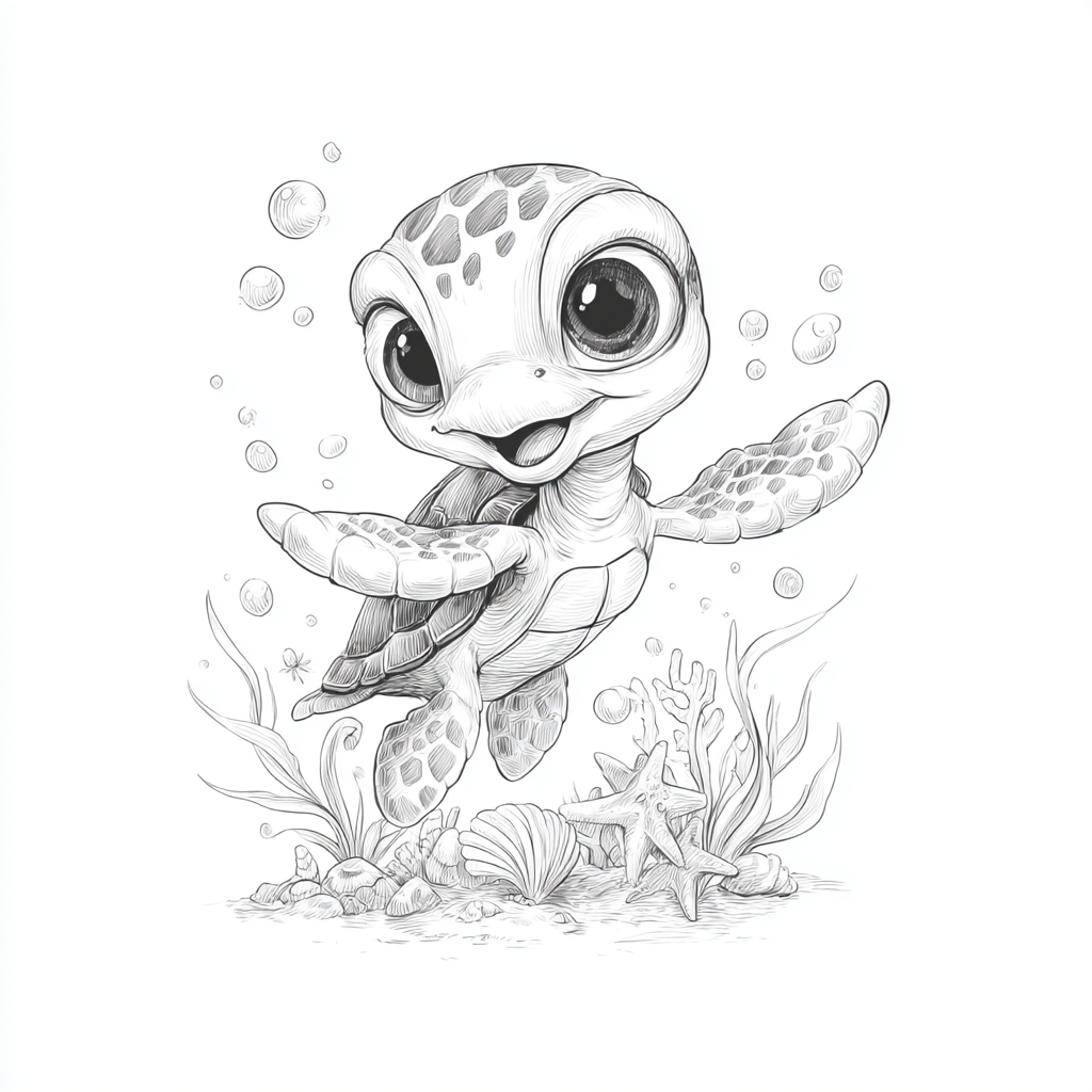 Beach coloring page – Cute Sea Turtle Swimming Near Coral Reef