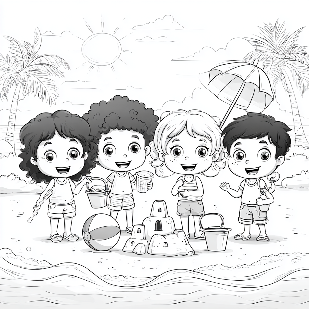 Beach coloring page – Kids Building A Sandcastle On The Beach