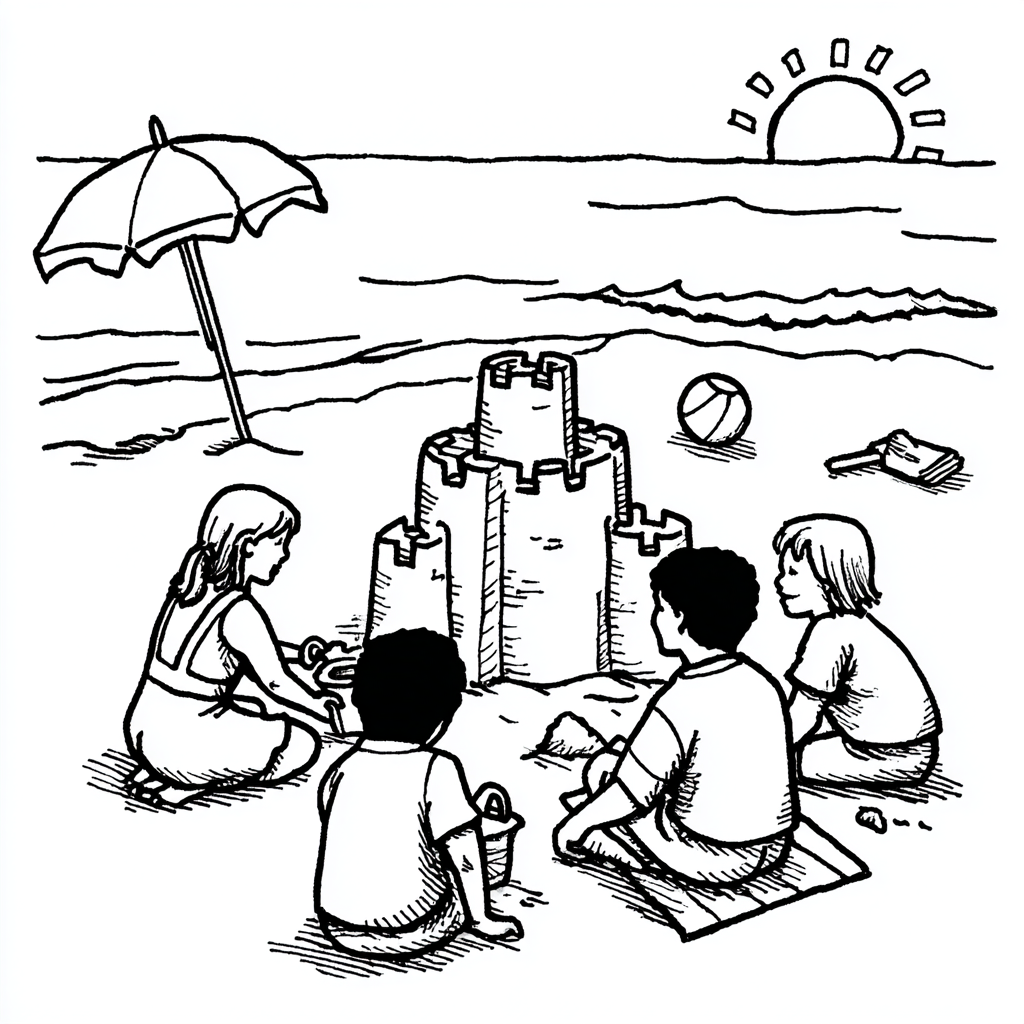 Beach coloring page – Kids Building A Sandcastle On The Beach