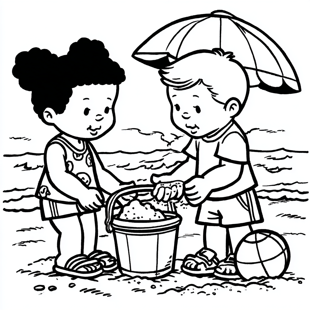 Beach coloring page – Kids Building A Sandcastle On The Beach