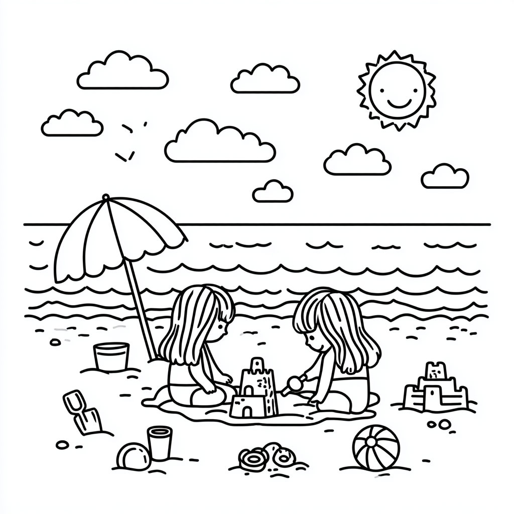 Beach coloring page – Kids Building A Sandcastle On The Beach