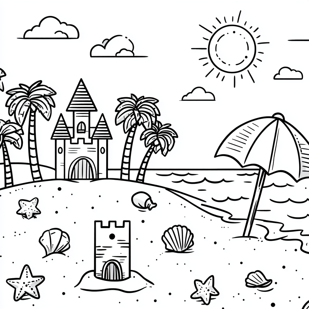 Beach coloring page – Summer Beach Scene With Palm Trees Sun O