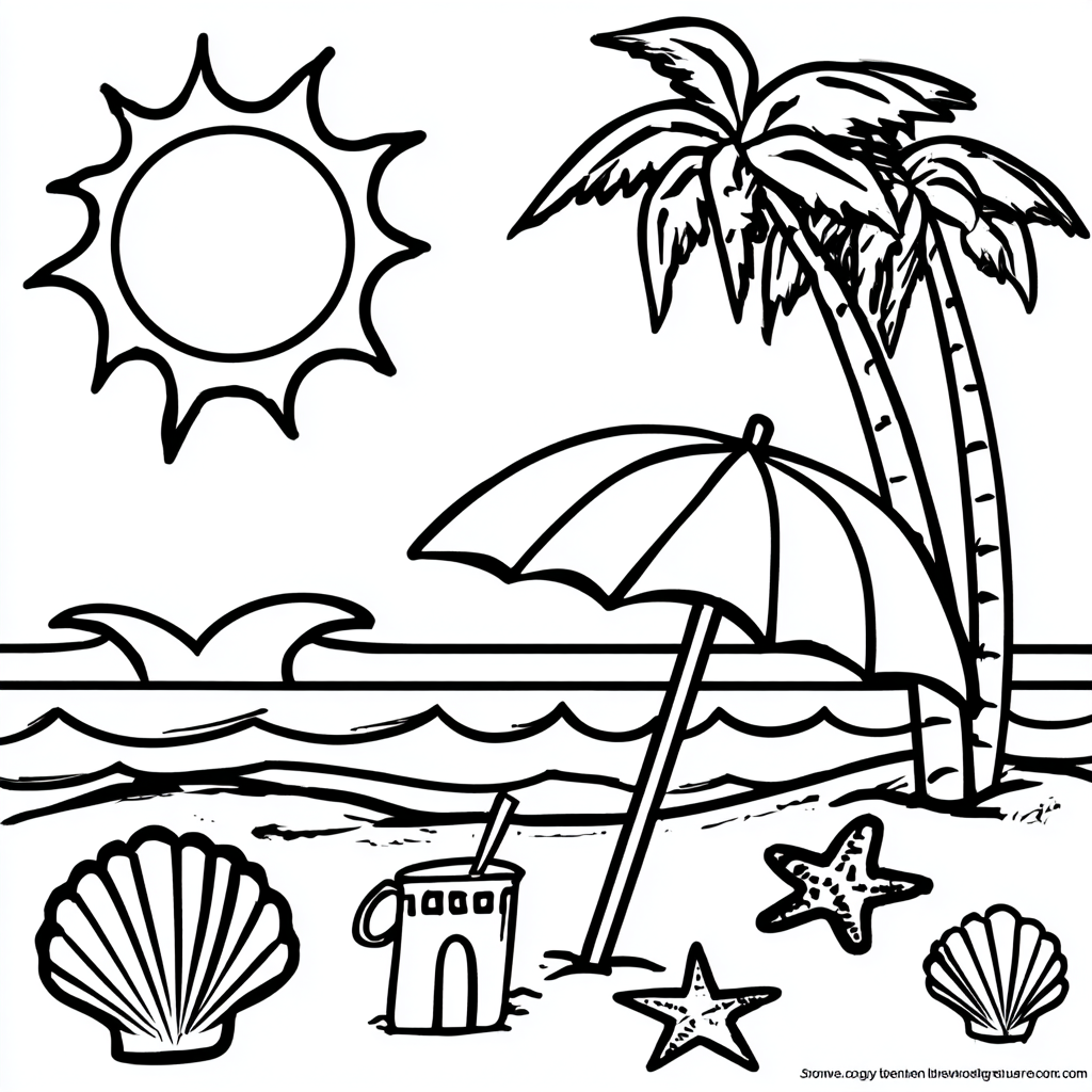Beach coloring page – Summer Beach Scene With Palm Trees Sun O
