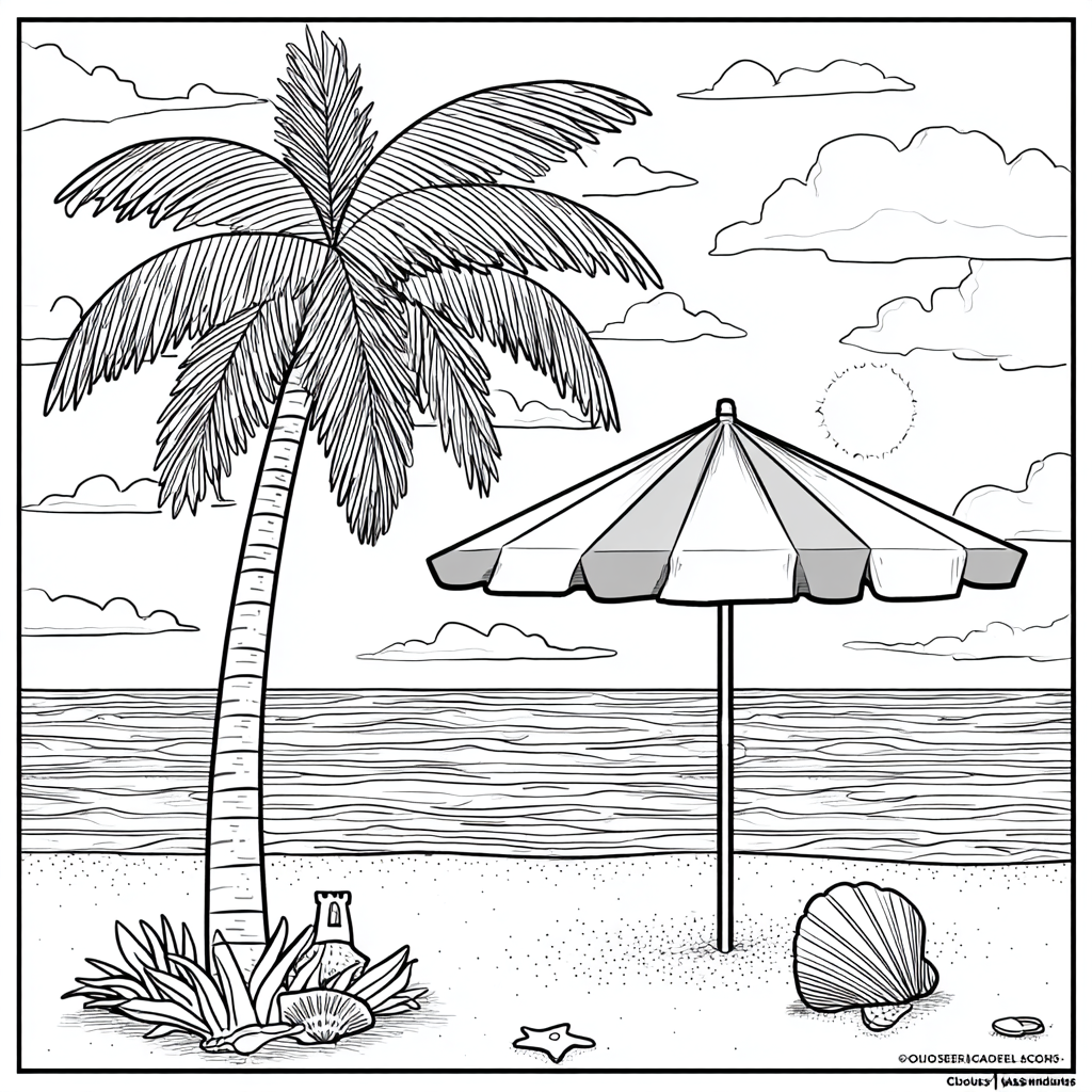 Beach coloring page – Summer Beach Scene With Palm Trees Sun O