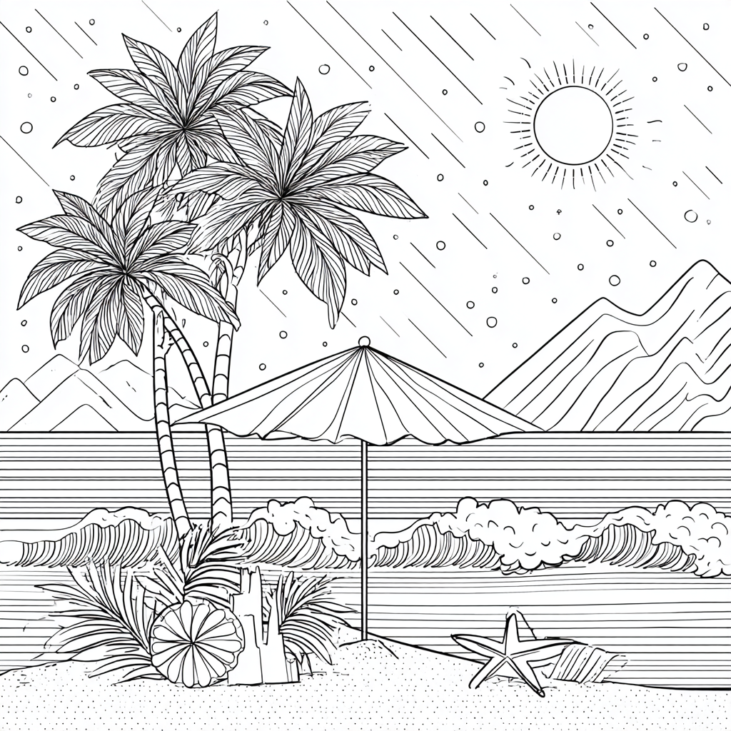 Beach coloring page – Summer Beach Scene With Palm Trees Sun O