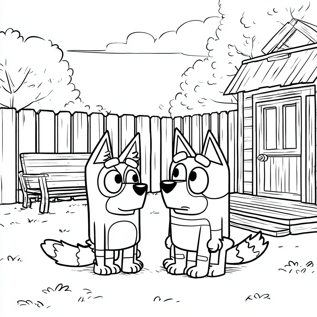 Bluey coloring page – Backyard Scene Bluey And Bingo In The Ba