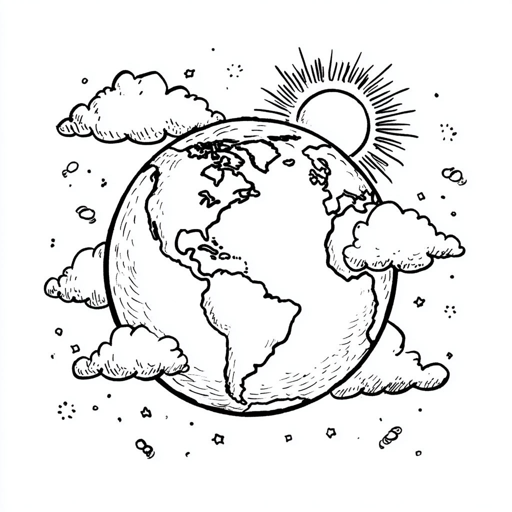 Earth Day coloring page – Clean Planet Earth With Sun And Clou