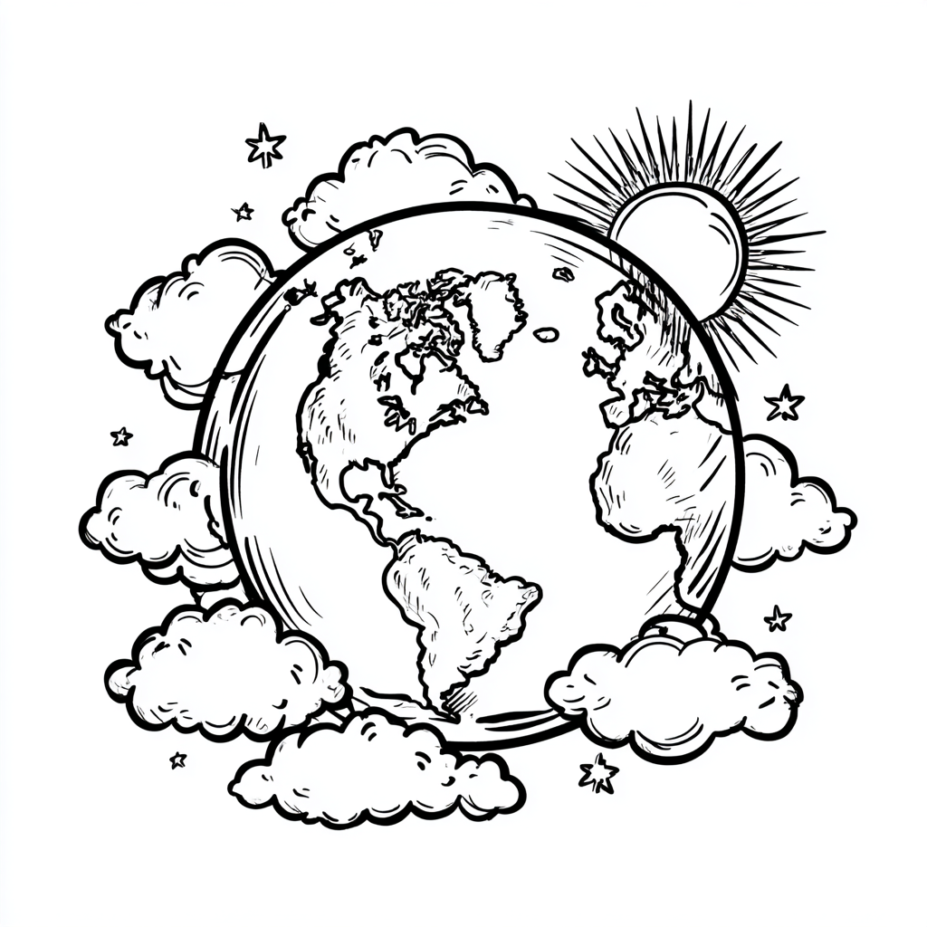 Earth Day coloring page – Clean Planet Earth With Sun And Clou