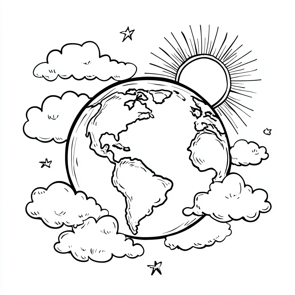 Earth Day coloring page – Clean Planet Earth With Sun And Clou