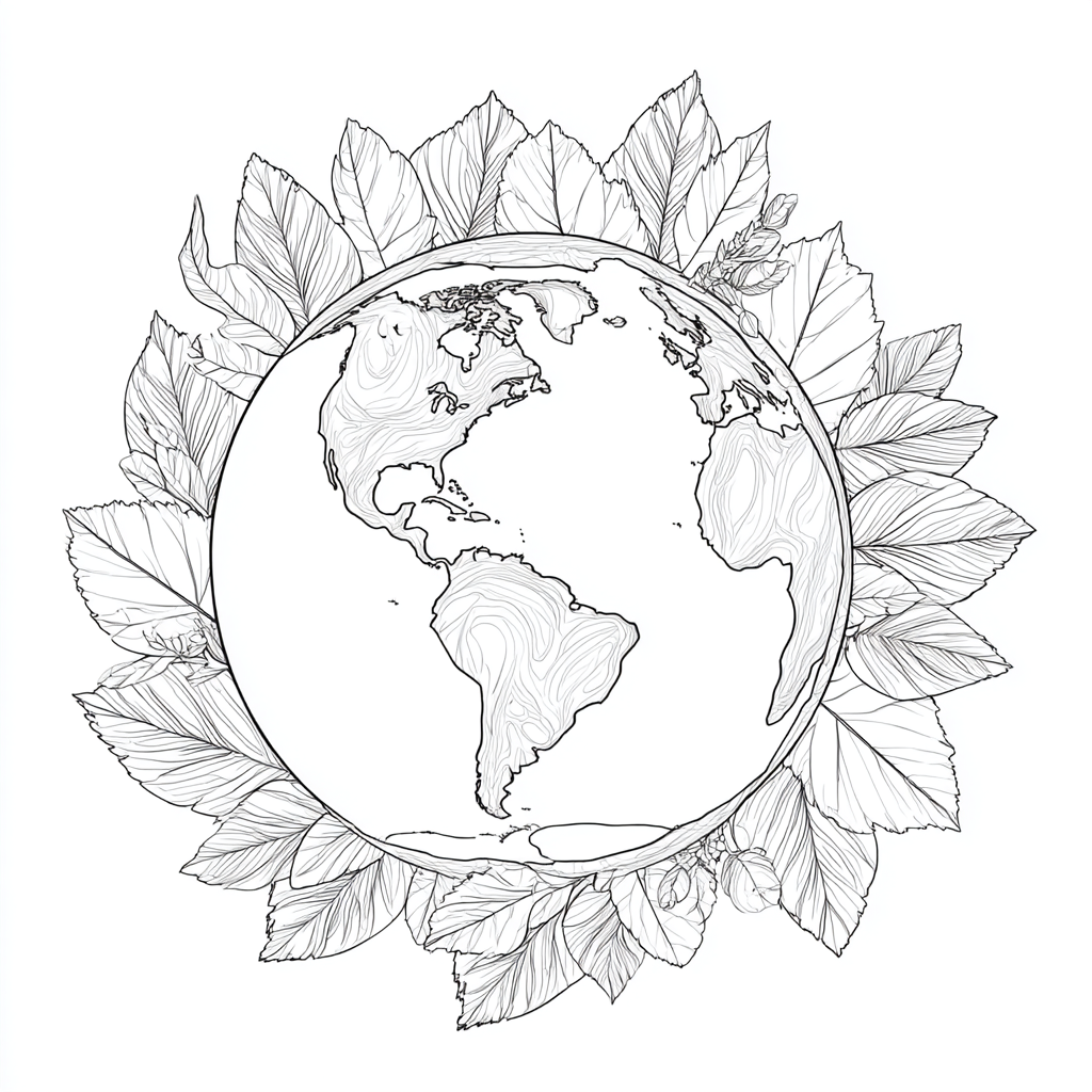Earth Day coloring page – Earth And Leaves Earth Surrounded By