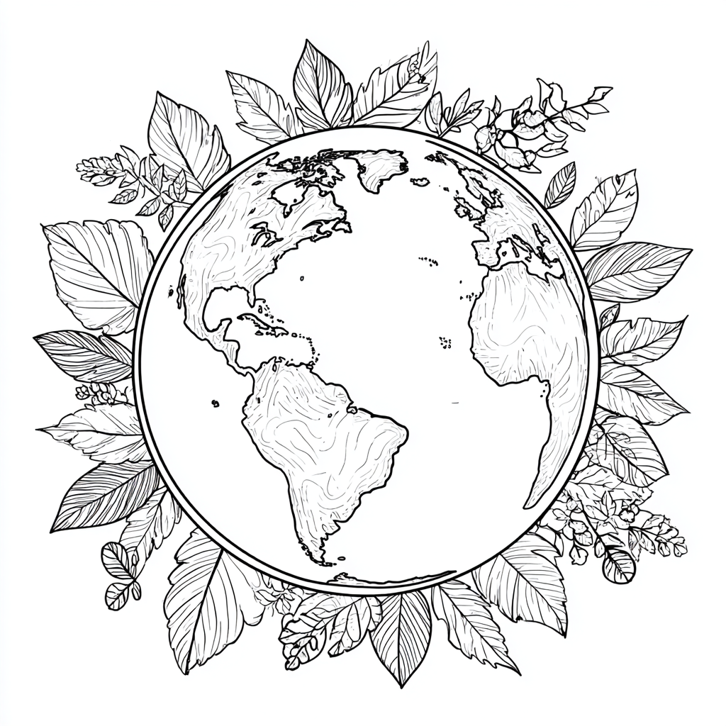 Earth Day coloring page – Earth And Leaves Earth Surrounded By