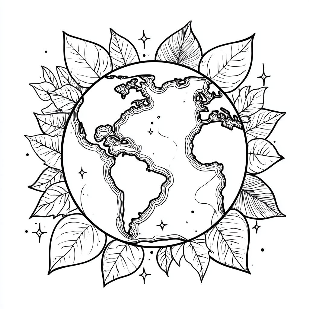Earth Day coloring page – Earth And Leaves Earth Surrounded By