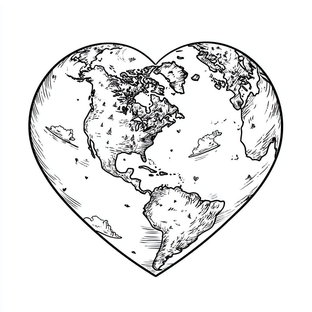 Earth Day coloring page – Earth Heart Heart-shaped Earth Illus