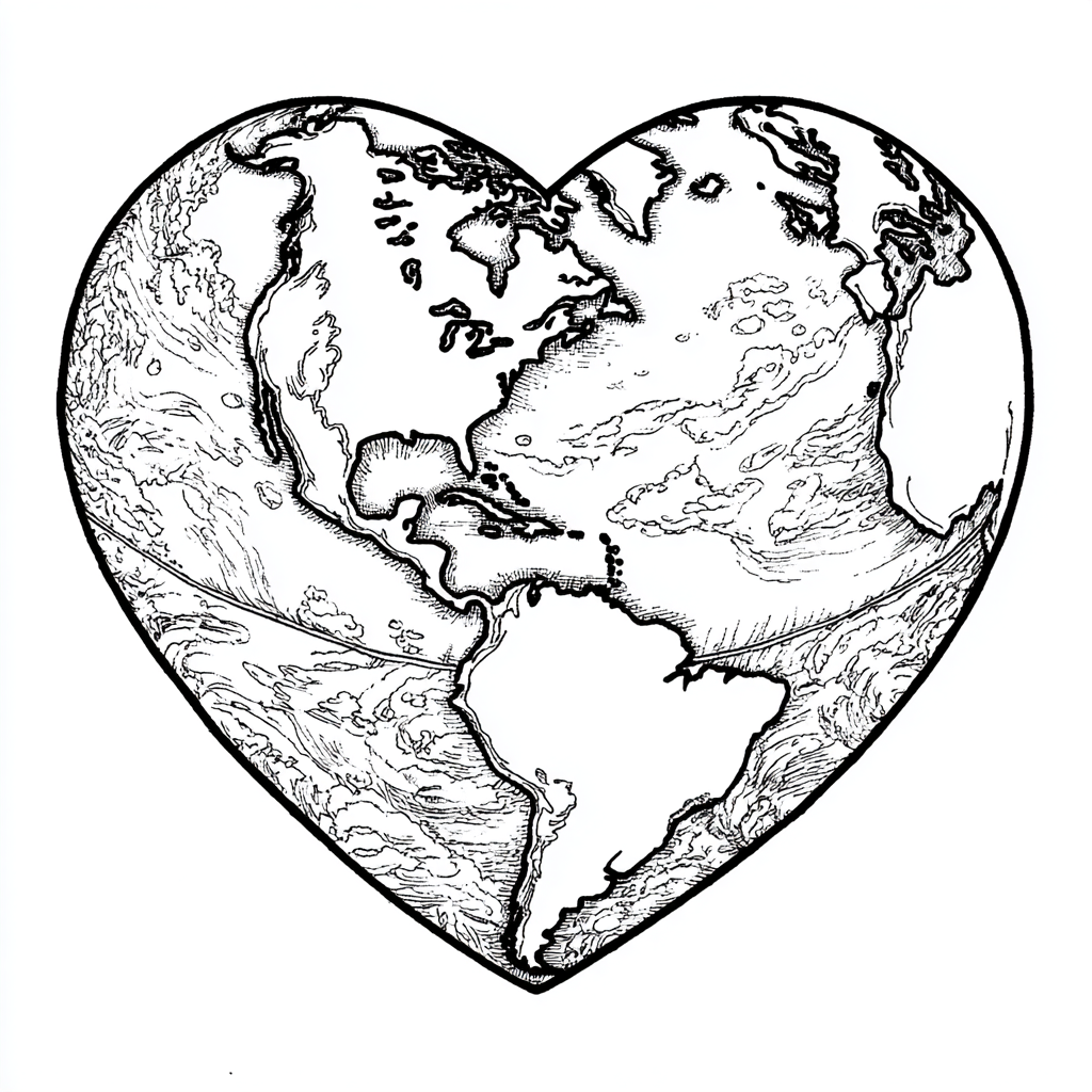 Earth Day coloring page – Earth Heart Heart-shaped Earth Illus