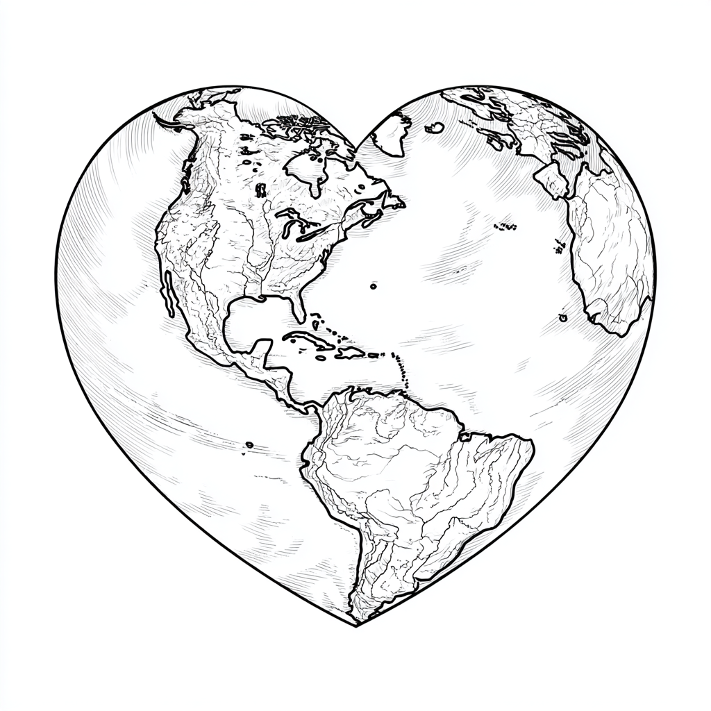 Earth Day coloring page – Earth Heart Heart-shaped Earth Illus