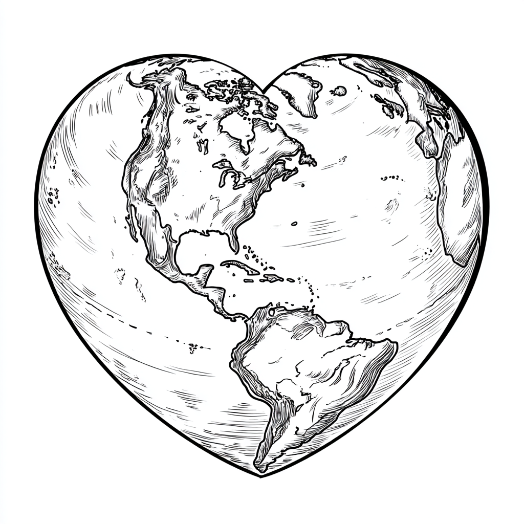 Earth Day coloring page – Earth Heart Heart-shaped Earth Illus