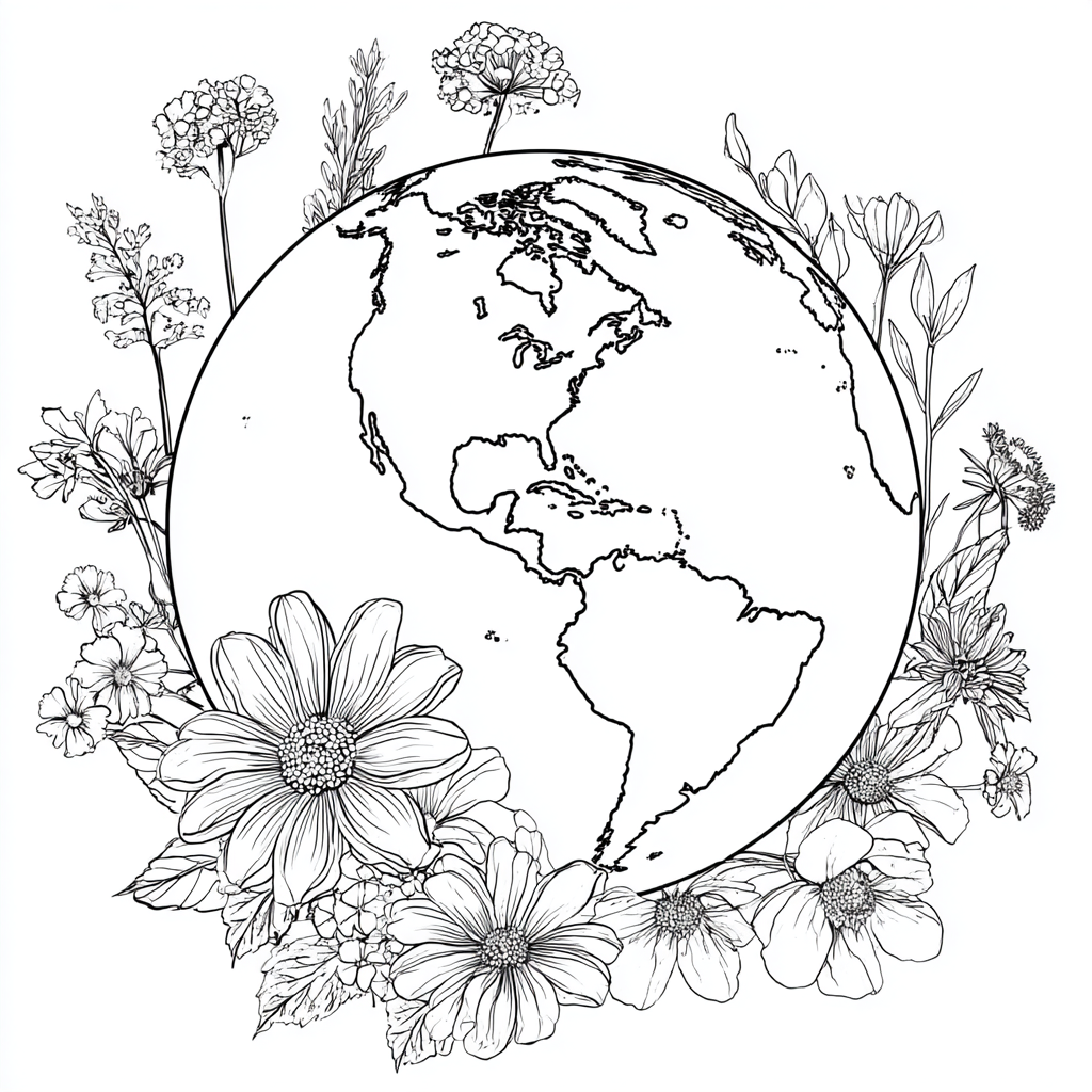 Earth Day coloring page – Earth With Flowers Flowers Growing A