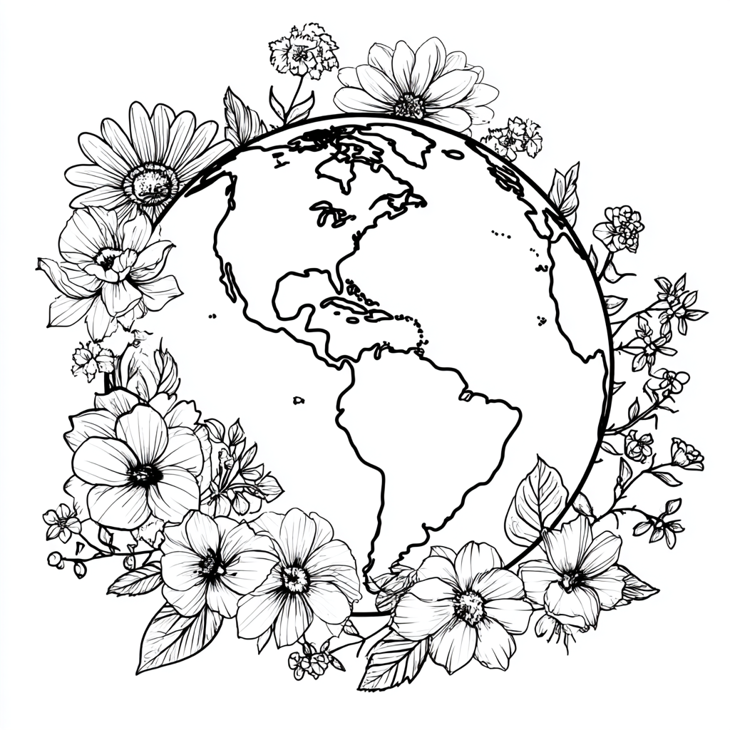 Earth Day coloring page – Earth With Flowers Flowers Growing A